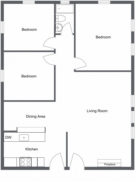 Floor plan for 3 beds, 1 bath, 953 sqft